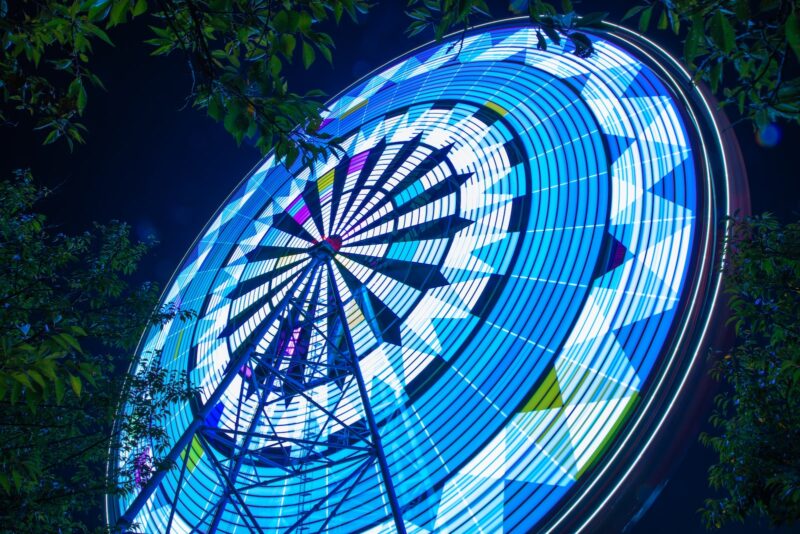 lighted Ferris wheel in low-angle photography at night